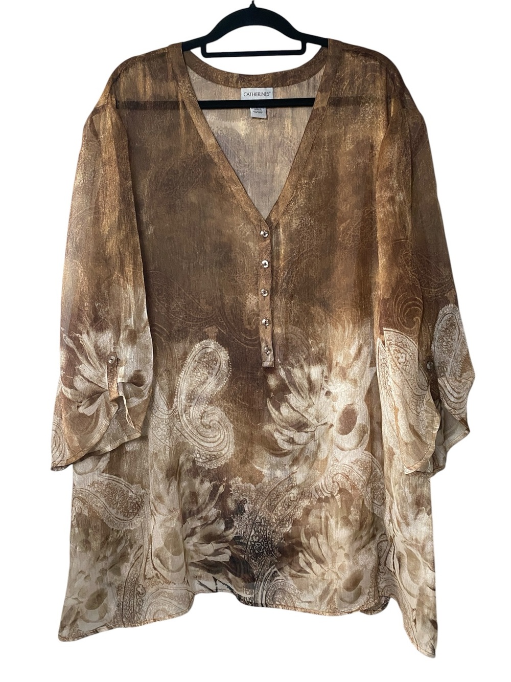 Catherines Sheer Paisley Floral Tunic Top Womens 5X 34/36W Brown Whimsical Fairy